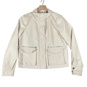 Baccini Cream Faux Leather Jacket Women's Size M Snap Button Pocket Detail
